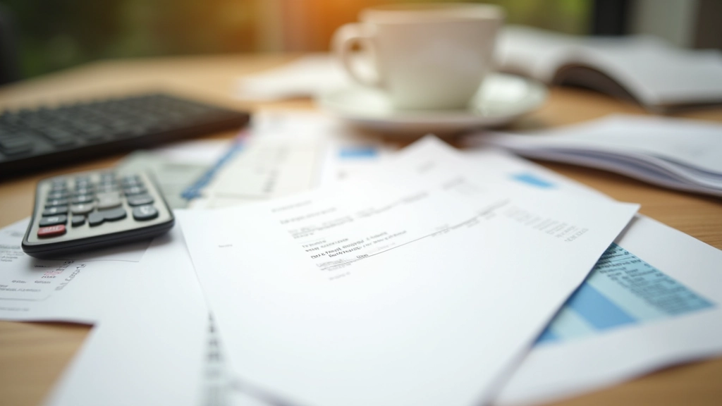 Relevé bancaire et reçus éparpillés sur un bureau avec une tasse de café