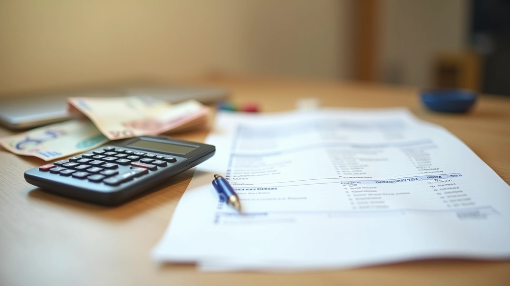 Calculatrice et billets d'euros sur un bureau avec un rapport financier