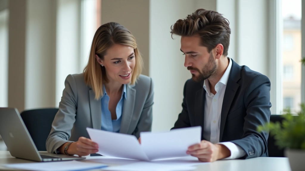 Deux personnes discutant de stratégie financière avec des graphiques sur un tableau