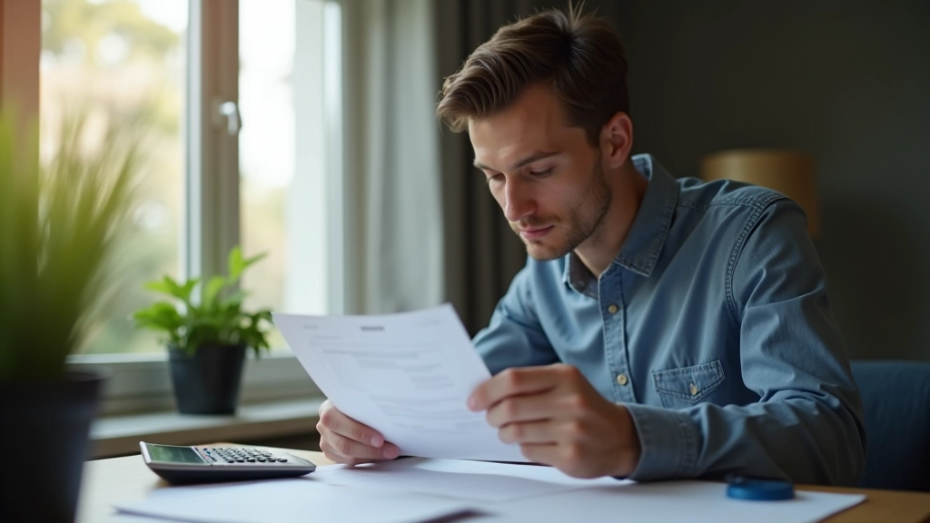 Personne analysant un relevé bancaire avec une calculatrice et un stylo sur un bureau organisé