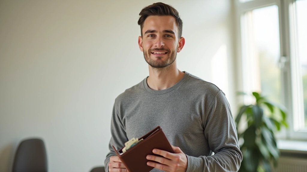 Personne souriante tenant une liasse d'argent avec un sentiment de satisfaction et de contrôle financier dans un environnement lumineux