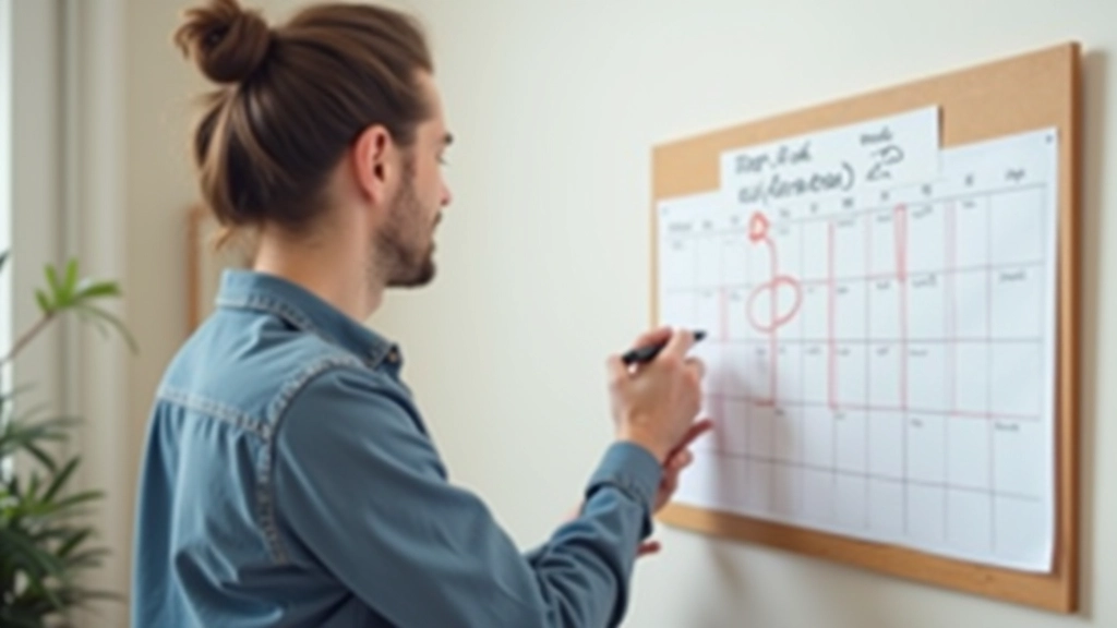 Personne planifiant sur un calendrier mensuel avec des notes de révision budgétaire