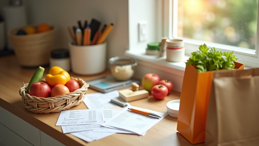 Panier d'épicerie et reçus de magasins montrant des dépenses variables quotidiennes