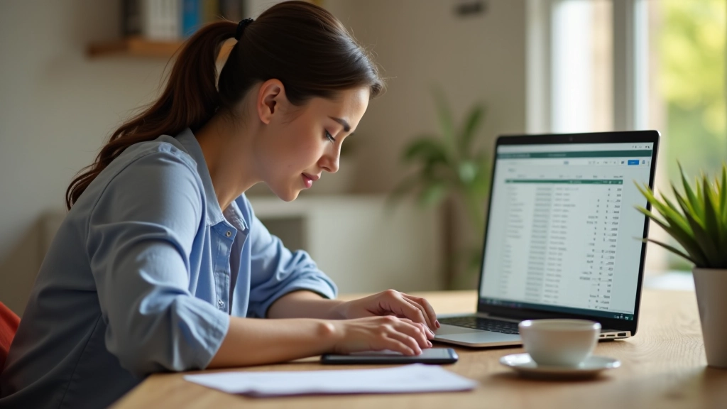 Femme mettant à jour un tableur budgétaire sur un ordinateur portable avec café